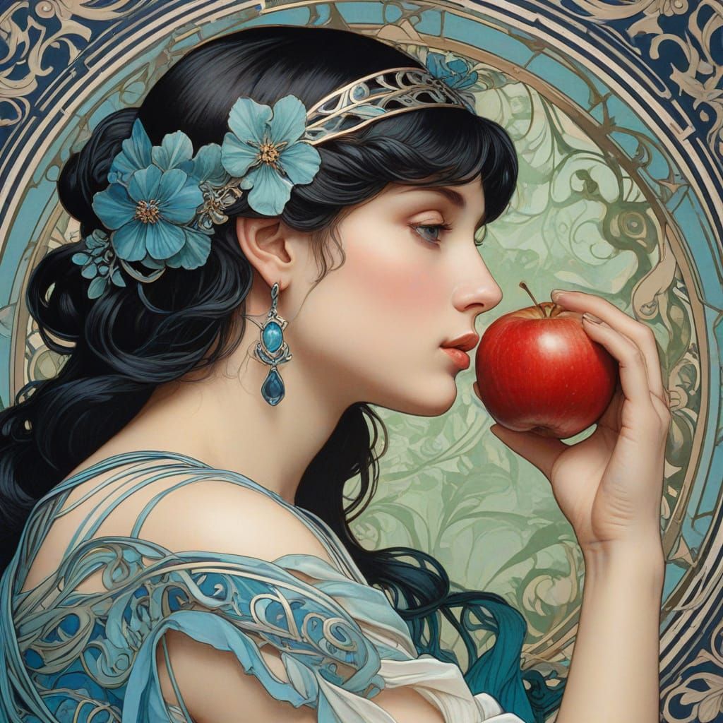 Art Nouveau Aphrodite Contemplates Apple in Painterly Style