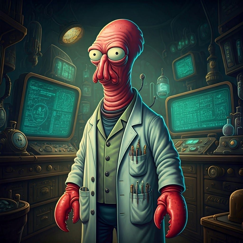 Steampunk Dr. Zoidberg in a Retro-Futuristic Lab