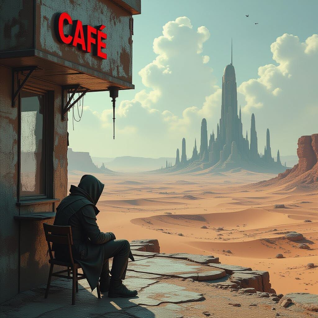 Dystopian Cafe Scene in Surreal Post-Apocalyptic Cityscape