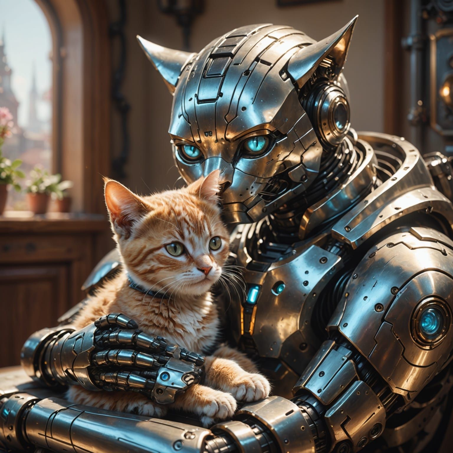 Gentle Robot Cradles Kitten: Digital Pastel Painting