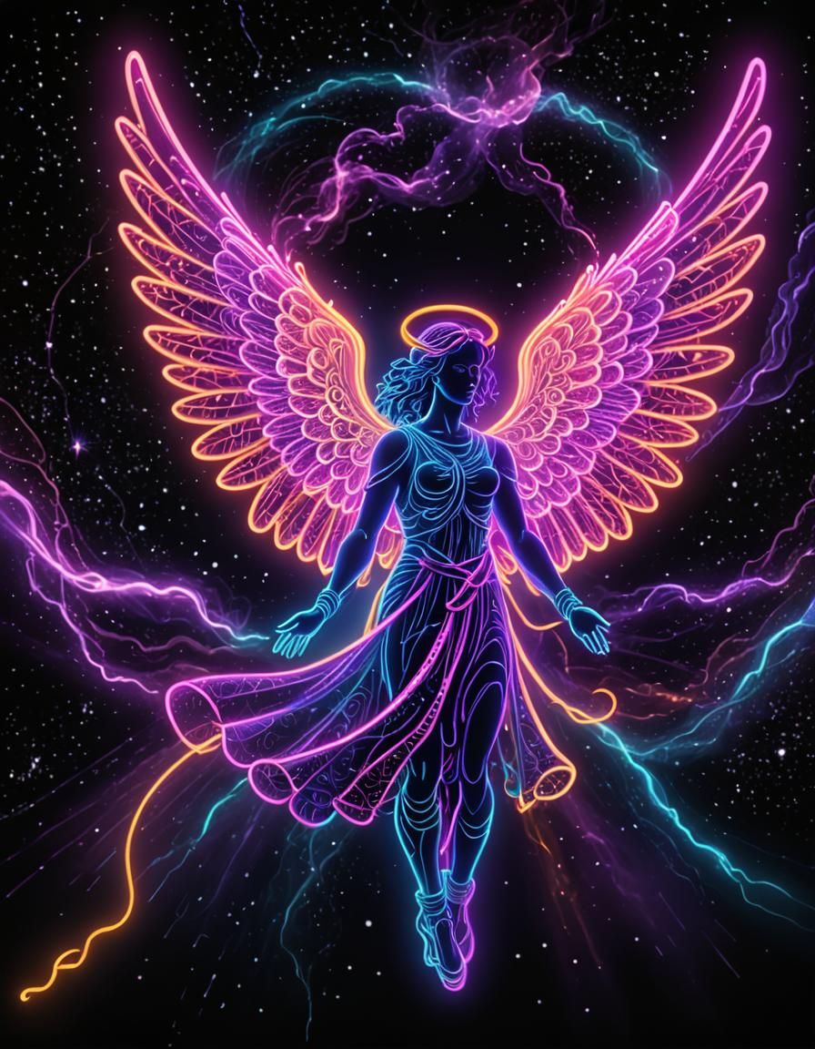 Neon Space Angel with Mist Wings in Vaporwave Style