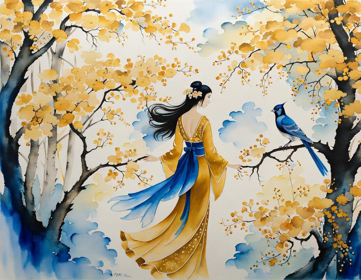 Asian Maiden in Autumn Landscape, Watercolor Silk Painting