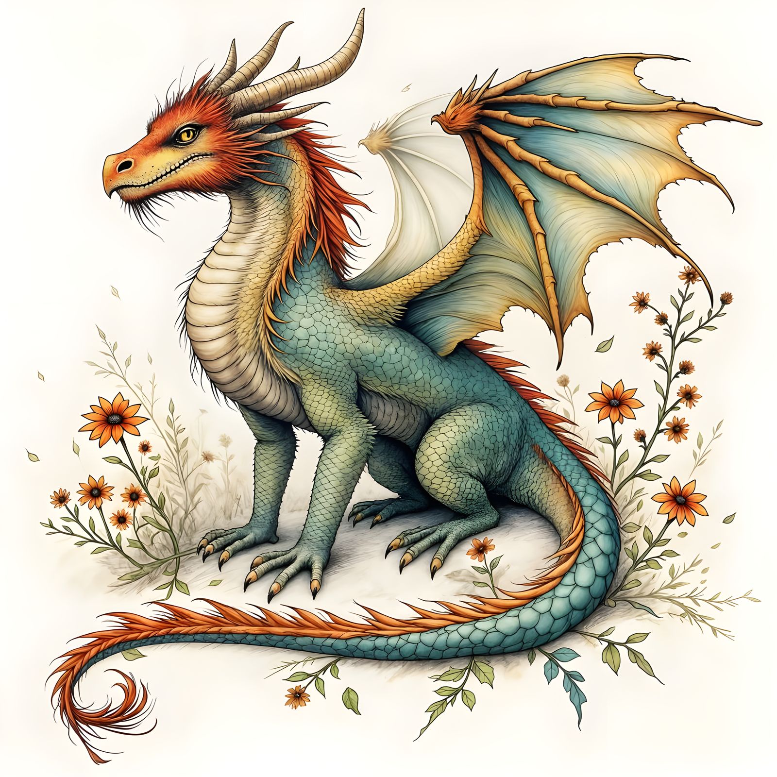 Dragon Ink Drawing in Moody Surrealist Style