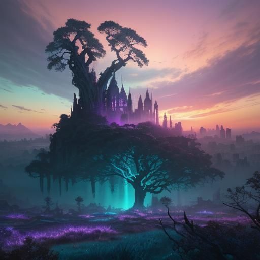 Mystical Tree Amidst Futuristic City Ruins