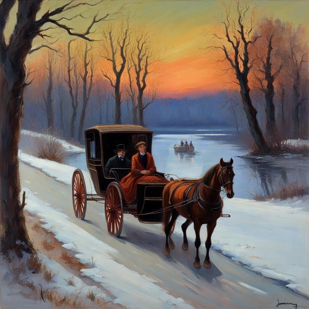 Horse-Drawn Carriage Ride at Twilight, in Oil Painting Style