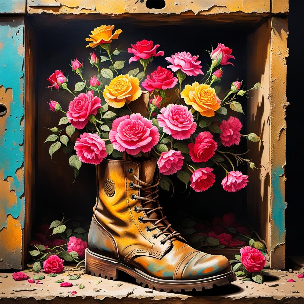 Vibrant Roses Erupt from Decrepit Boot in Urban Street Art