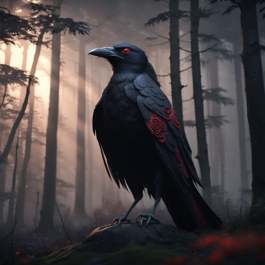 Itachi Crow Hybrid in Misty Forest, Photorealistic Render