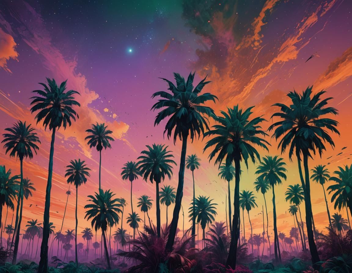 Alien Landscape with Palm Trees in Surreal Style
