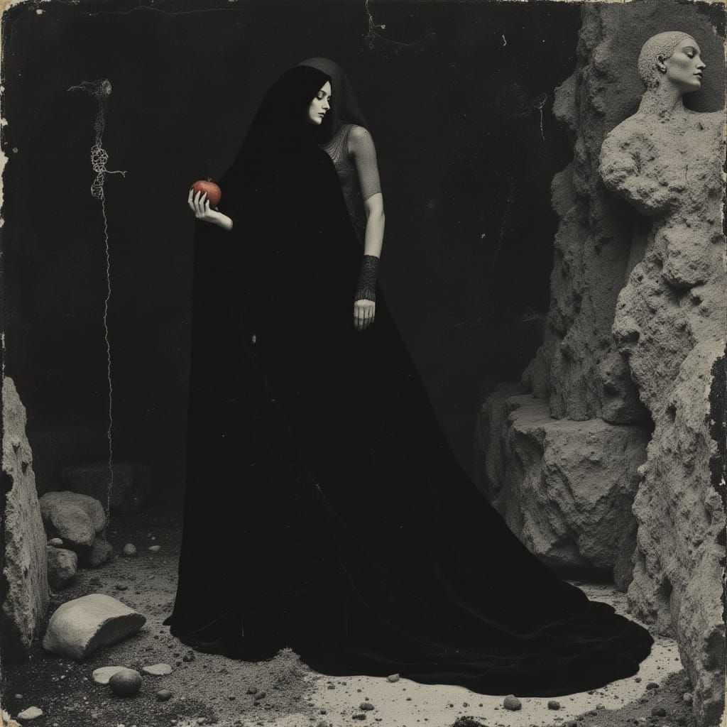 Persephone Holding Pomegranate in Dark Cave