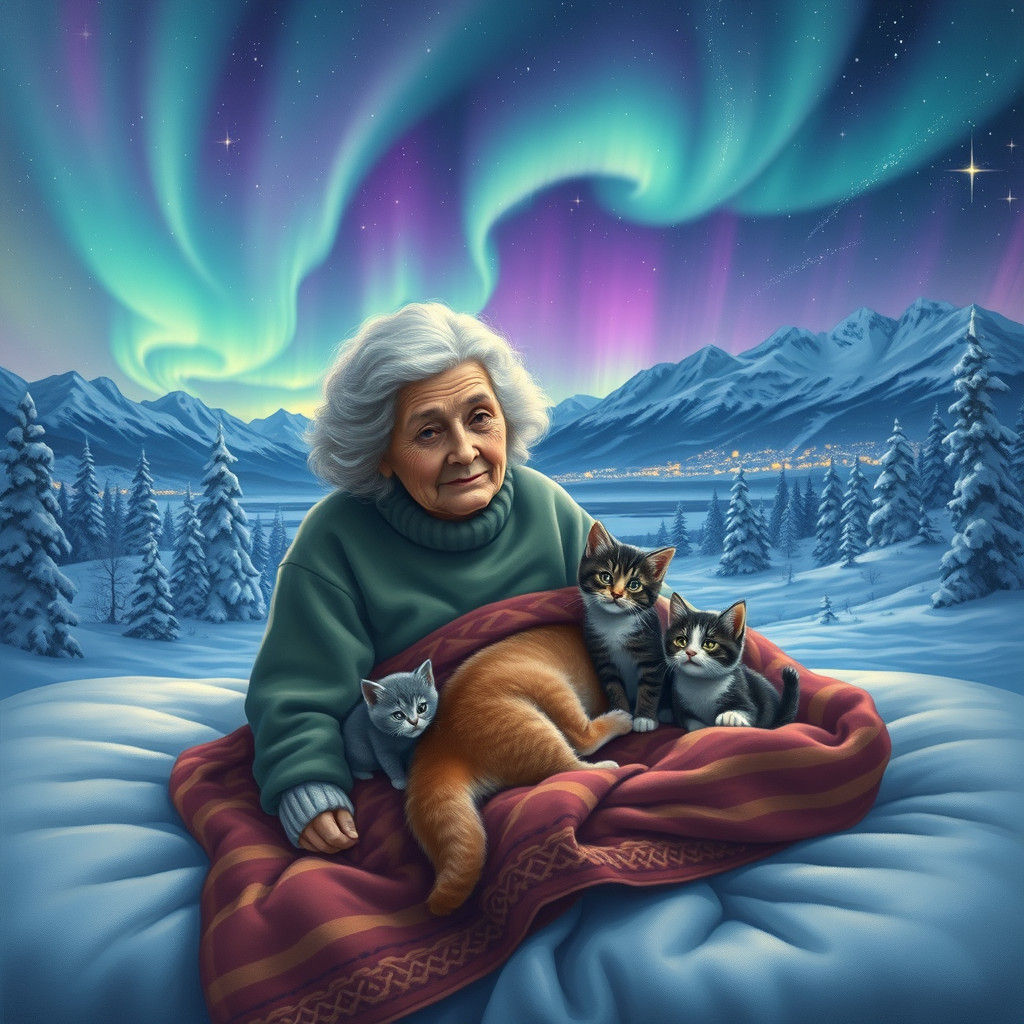 Aurora Borealis Shines on Cats and Old Lady