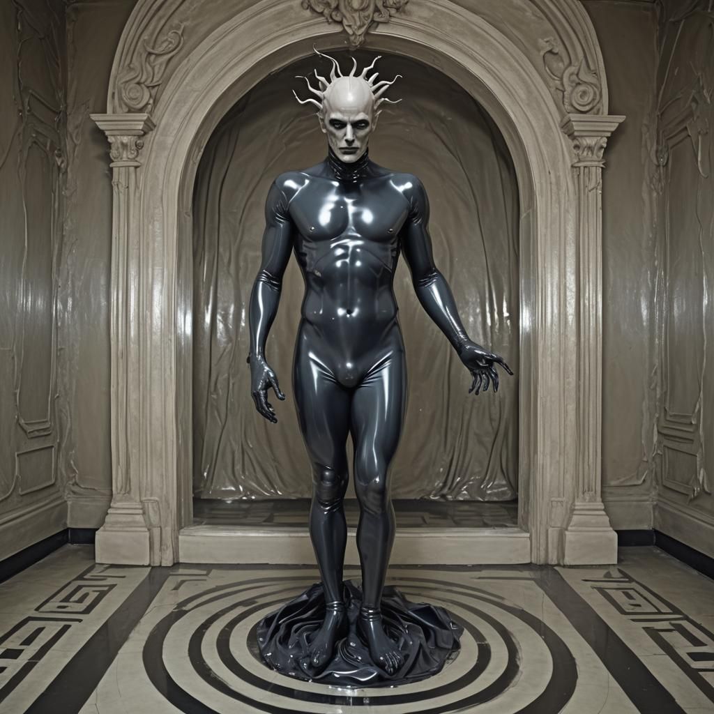 A striking and surreal portrait image depicting Fawsums, the newly formed latex rubber Cenobite, in a labyrinthine realm...