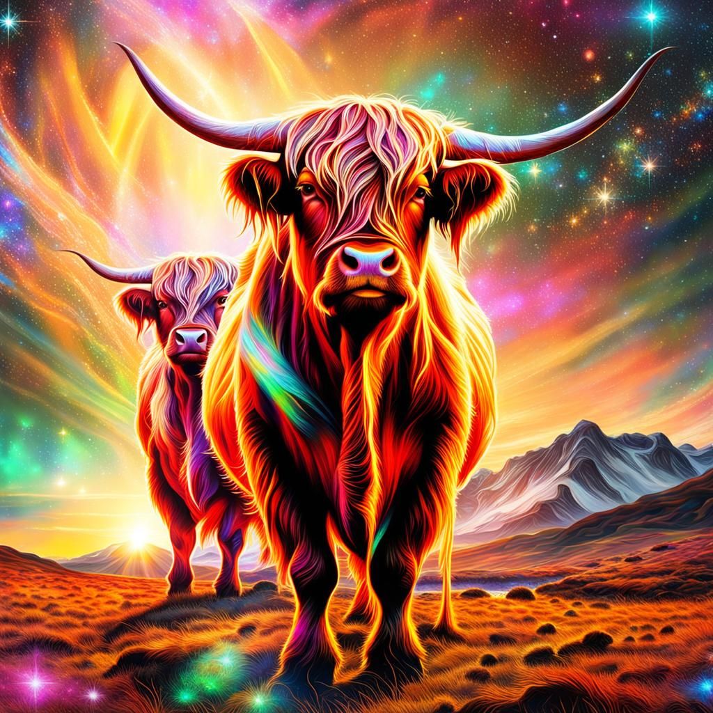 Cosmic Highland Cows: Astral Illustration