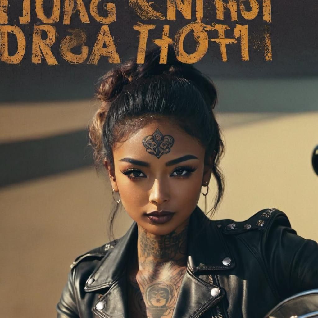 Tough Biker in a Leather Jacket, Face Tattoos, and Gang Tats...