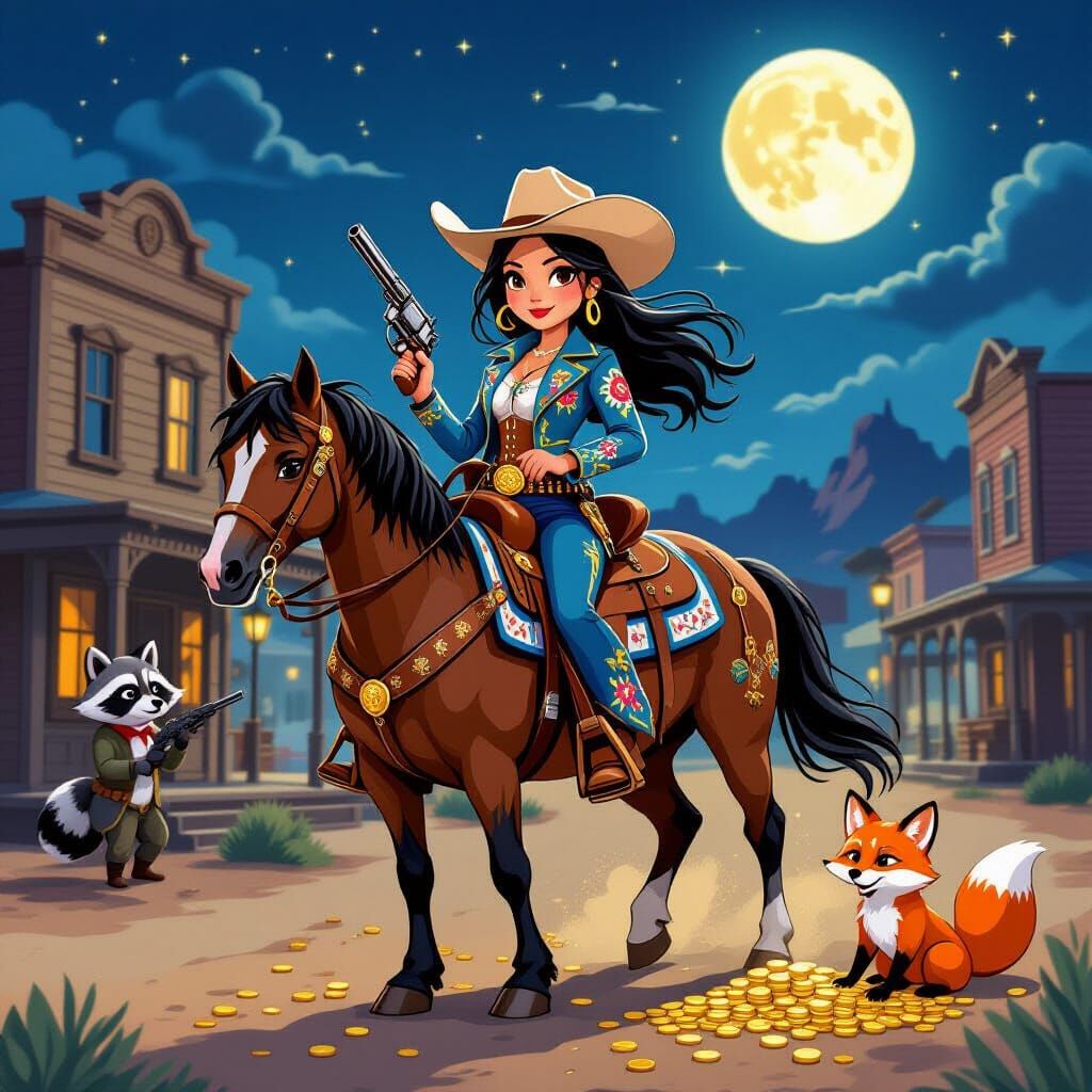 Chinese Cowgirl Rides in Vibrant Cartoon Style