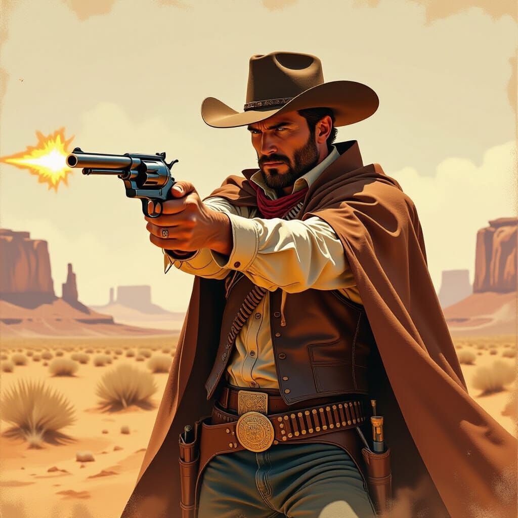 Cowboy Fires Revolver in Dusty Desert Scene