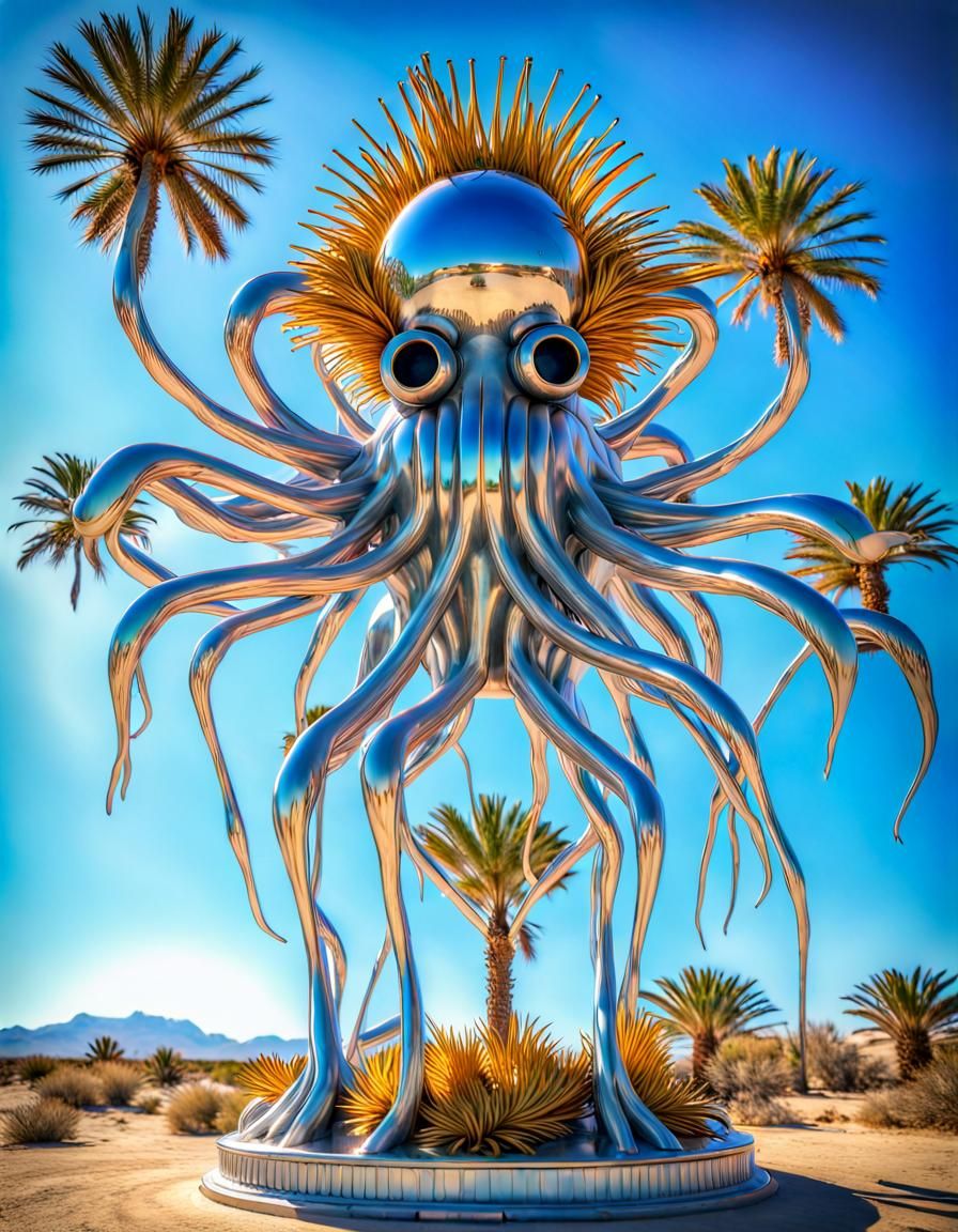 Flying Spaghetti Monster Sculpture in Retrofuturist Oasis