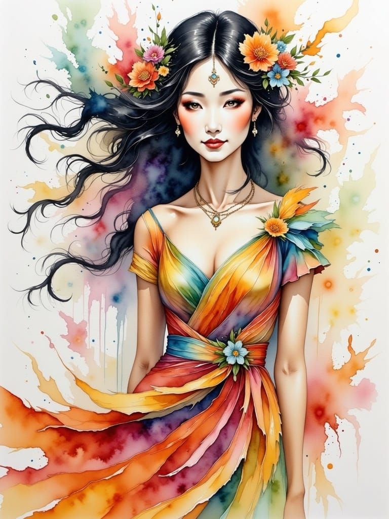 Ethereal Woman in Watercolor Silk Dress