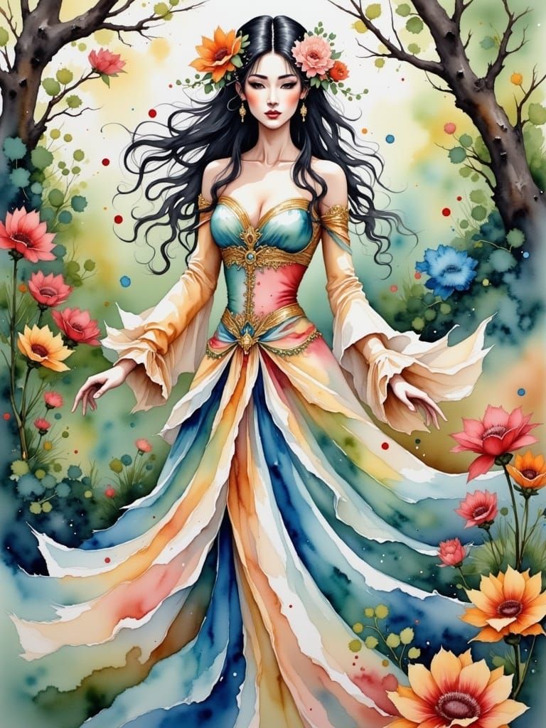 Woman in Floral Gown: Watercolor Painting