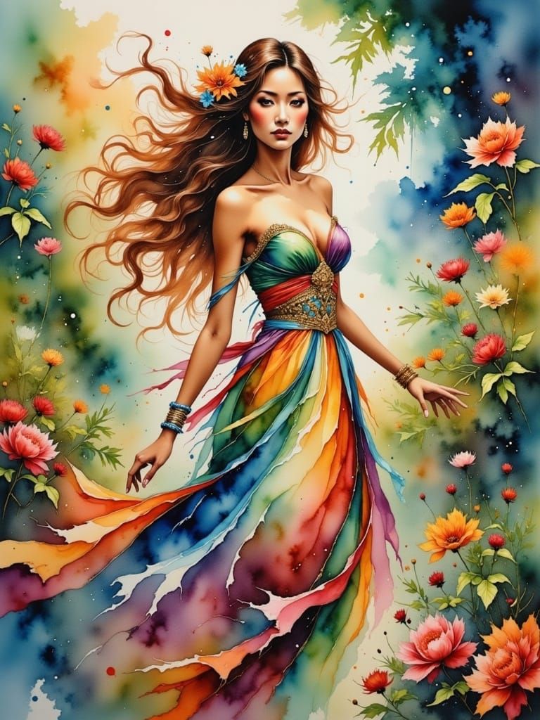 Watercolor Woman in Floral Dress, Dreamlike Garden