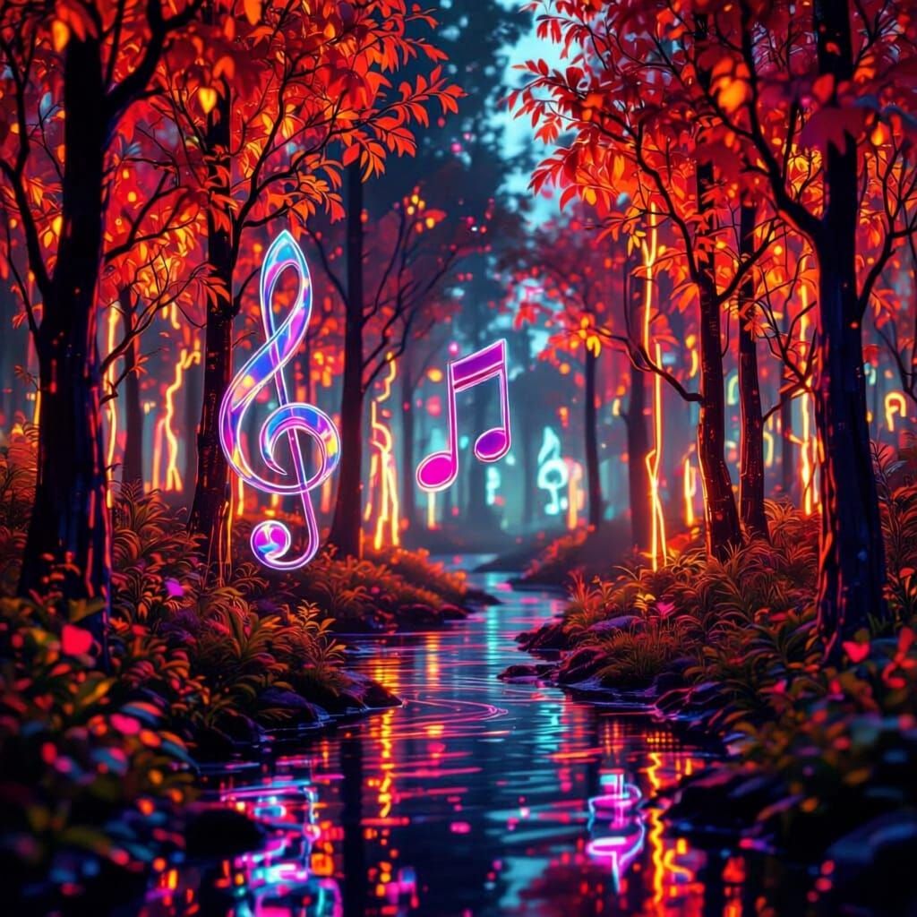 Glass Musical Notes Dance in Fiery Forest