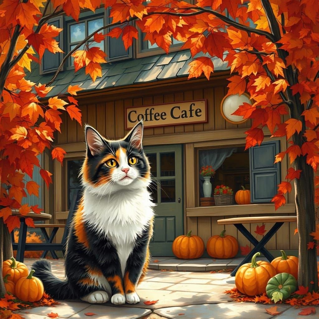 Cute Autumn Cafe Scene With Cat Outside