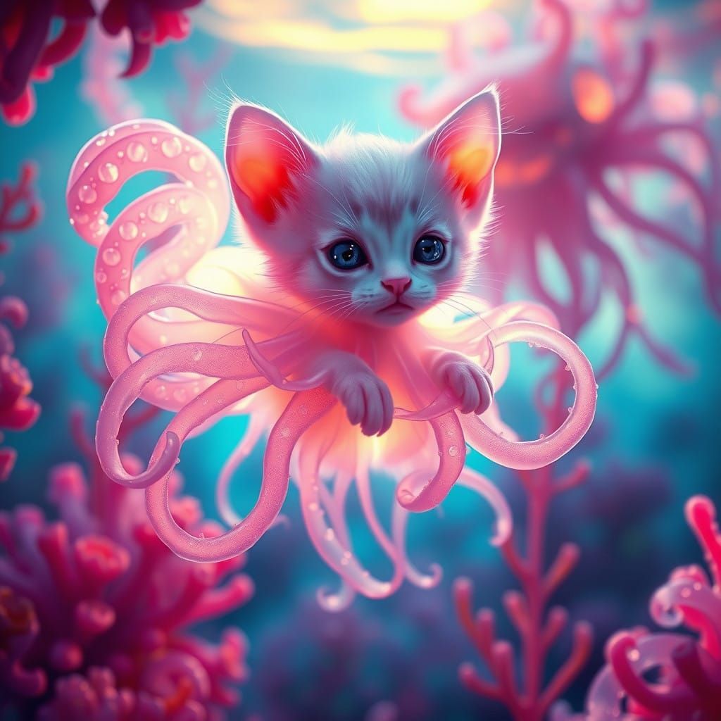 Glowing Kitten with Jellyfish Tentacles Drifts in a Vibrant...
