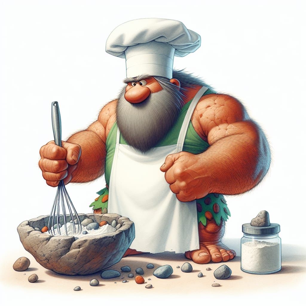 Caveman Chef: Whimsical Watercolor in Prehistoric Kitchen