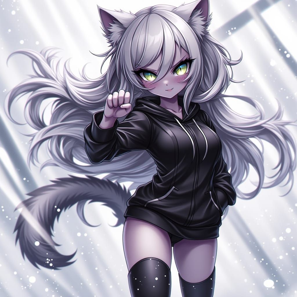 Vibrant Anime Cat Girl in Black Hoodie