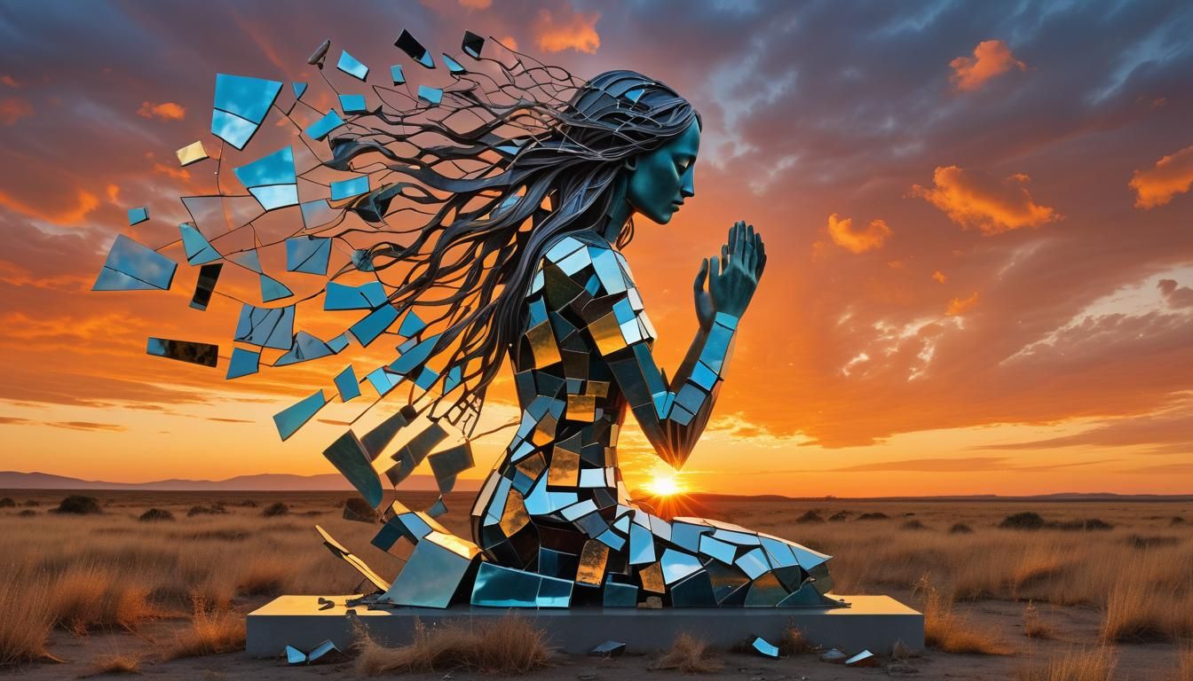 Surreal Fragmented Sculpture of Woman at Sunset