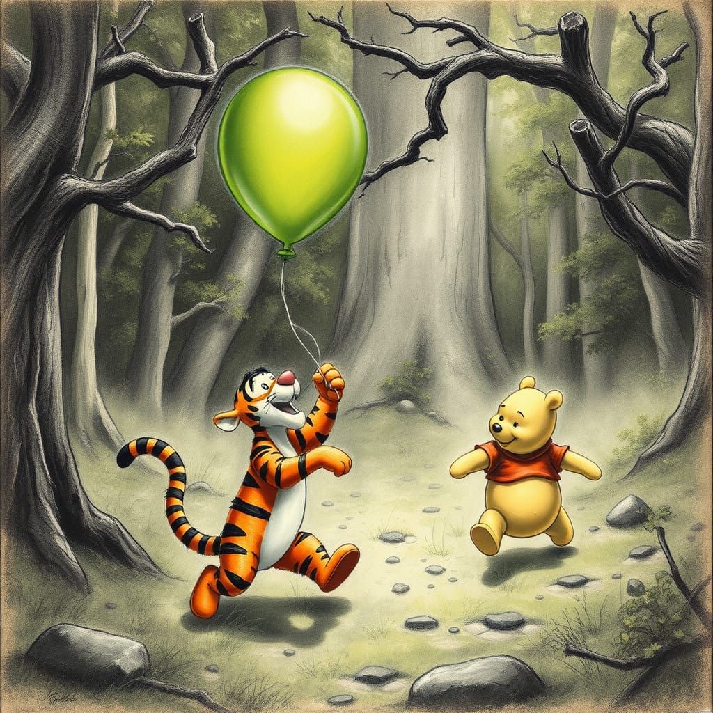 Pooh and Tigger Chase Balloon: Charcoal Illustration