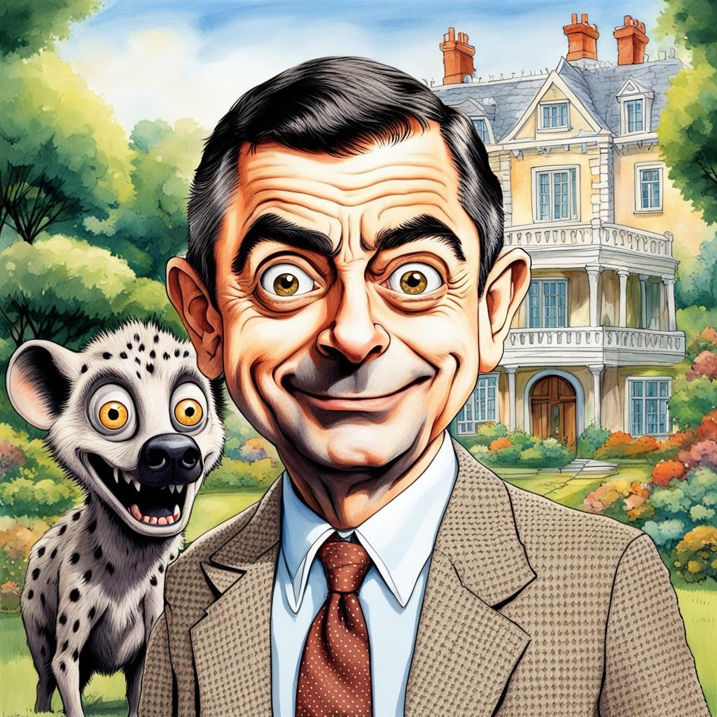 Cartoon Mr. Bean Looks at Smiling Hyena in English Garden