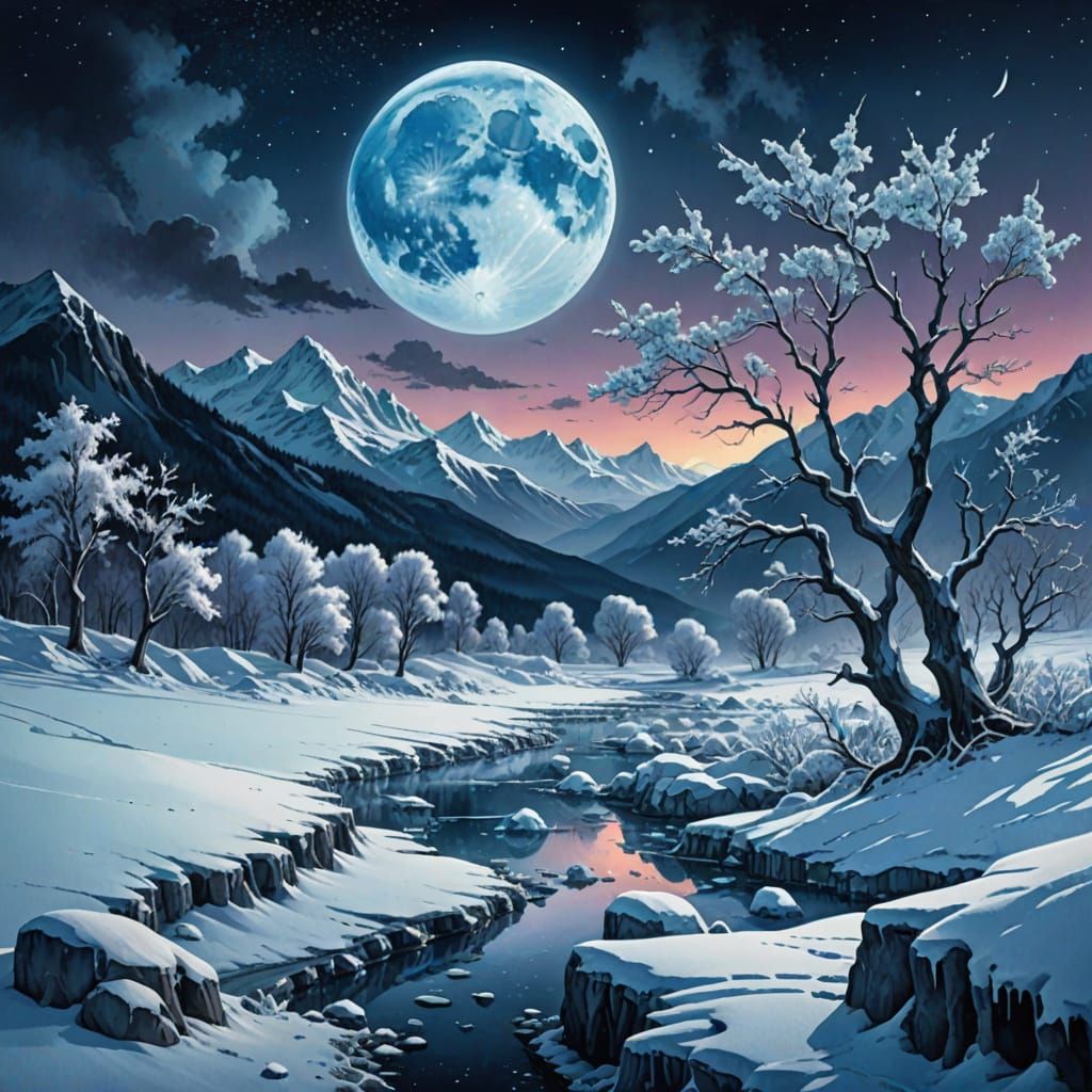 Disturbing Blue Moon in Watercolor Landscape