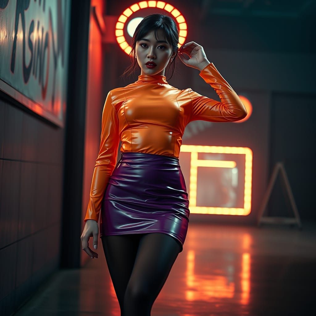 Ethereal Femme Fatale in Vibrant Latex and Purple Hues