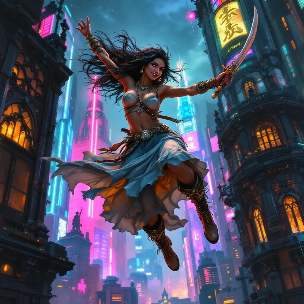 Confident Cyberpunk Ninja Pirate Woman in Elegant Skirt and ...