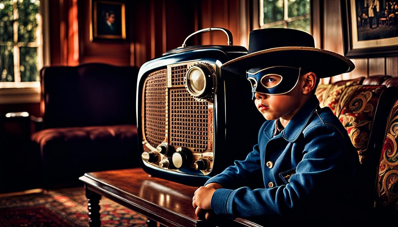 Boy in Lone Ranger Mask Listening to Radio
