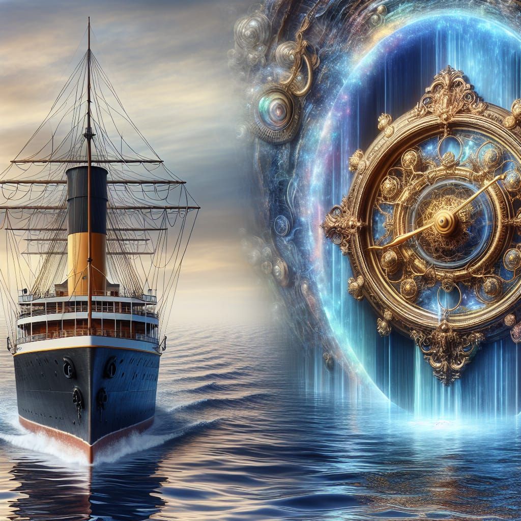 Steampunk Ship Crossing Through Time Portal