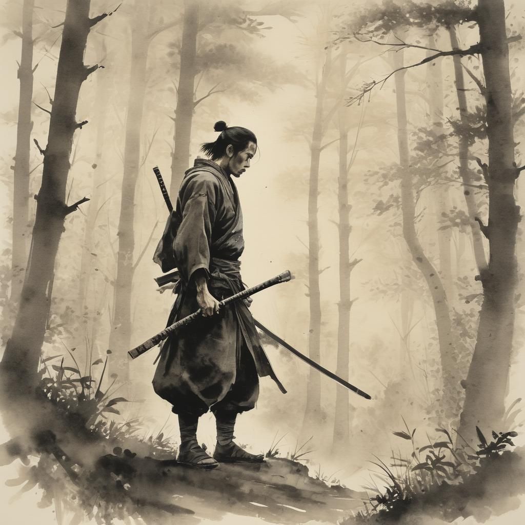 Samurai in Misty Forest: Japanese Ink Wash Painting