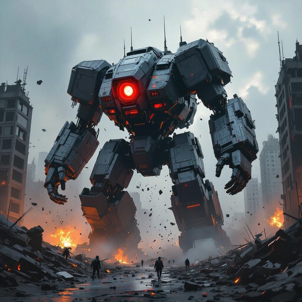 Giant Robot Destroys Futuristic City in Dystopian Art Style