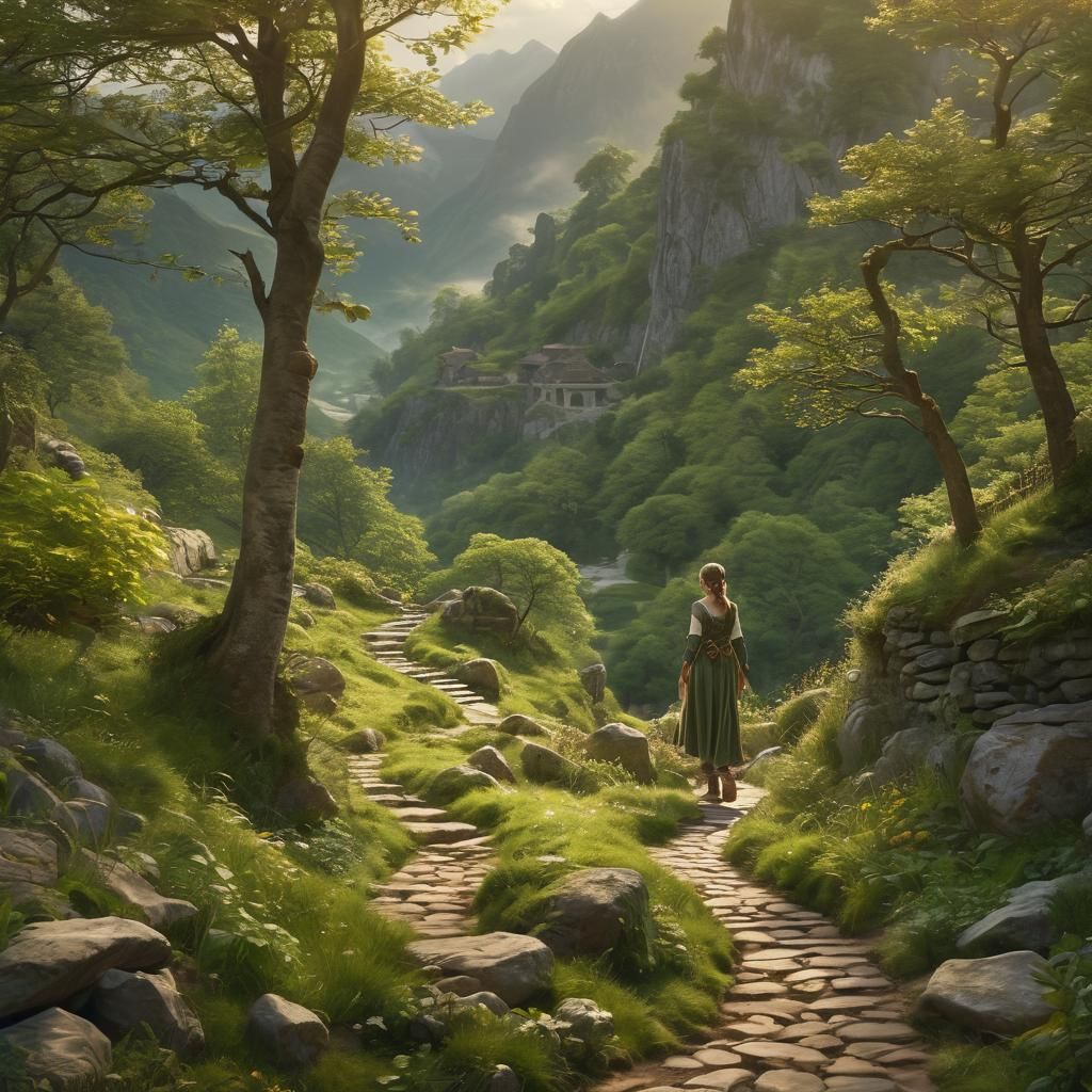 Ethereal Elf Maiden in Lush Valley Landscape