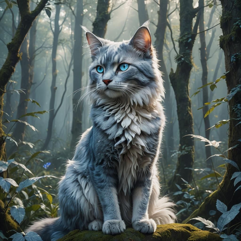 Blue-Grey Cat Stands in Misty Forest
