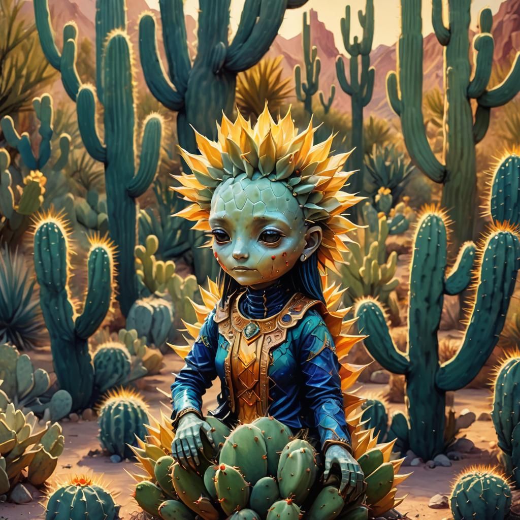 Small Cactus Humanoid in Desert Garden