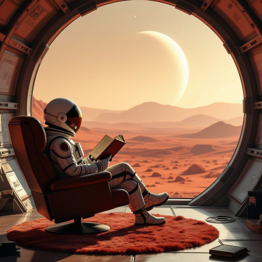Astronaut Reading in Mars Biodome: Sci-Fi Concept Art