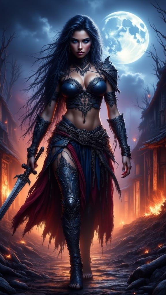 Heroic Warrior Woman in Burning Village, Digital Art