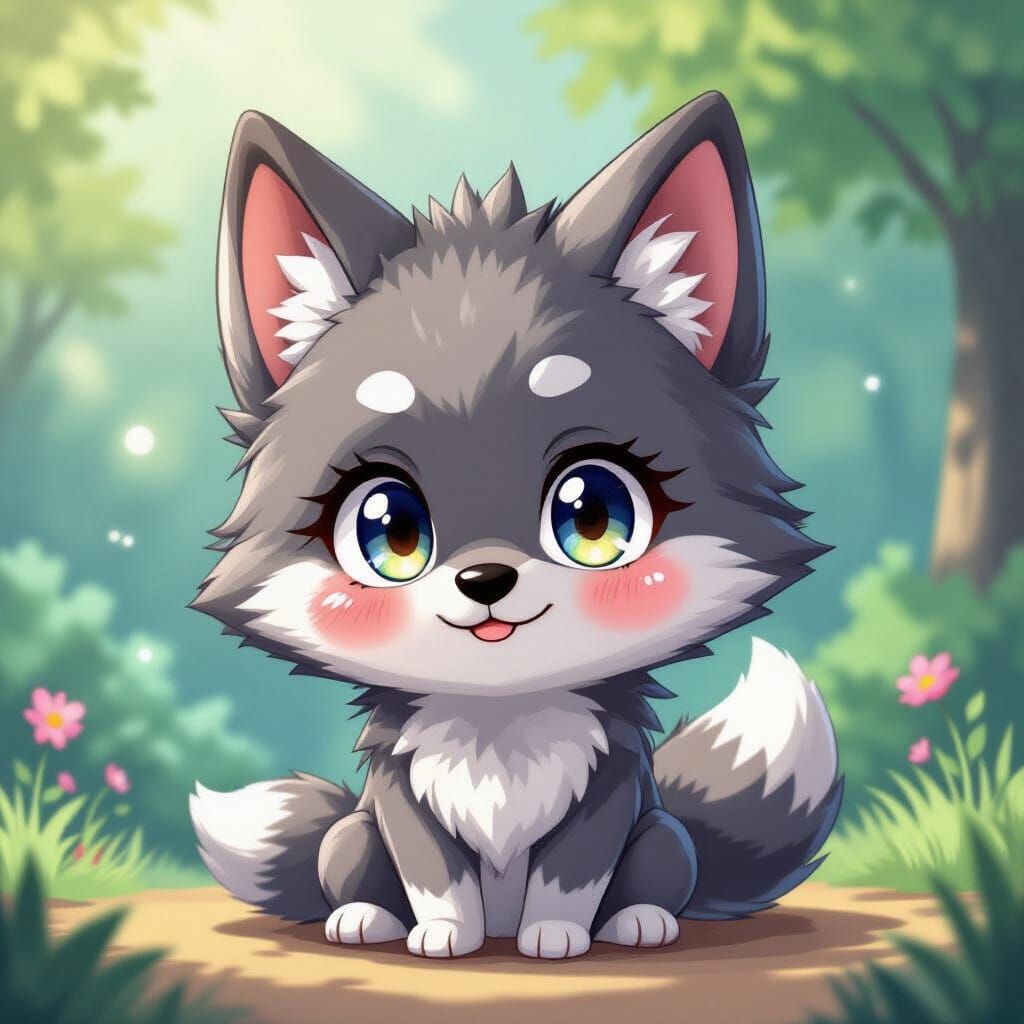 Cute Chibi Wolf with Big Eyes in Manga Style