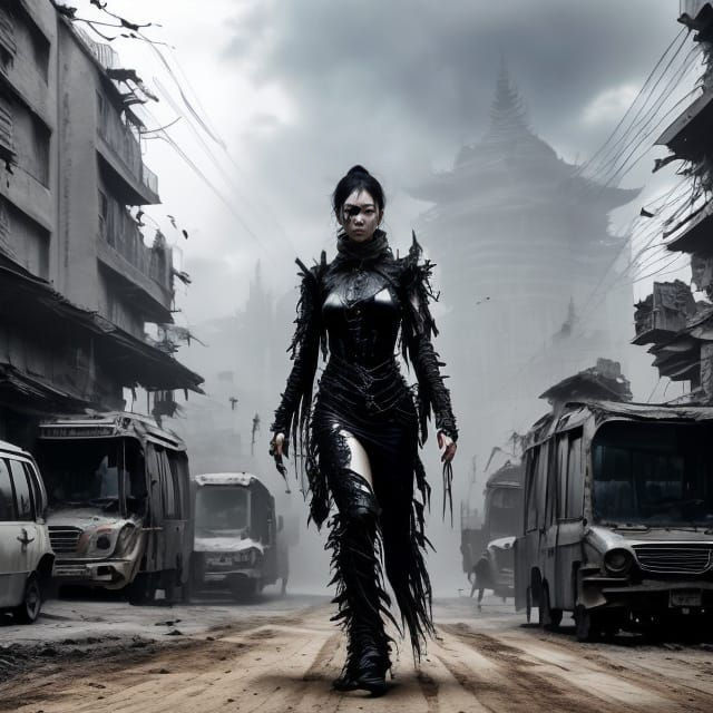 Woman in a hanbock walks through a post apocalyptic asian looking city neighborhood