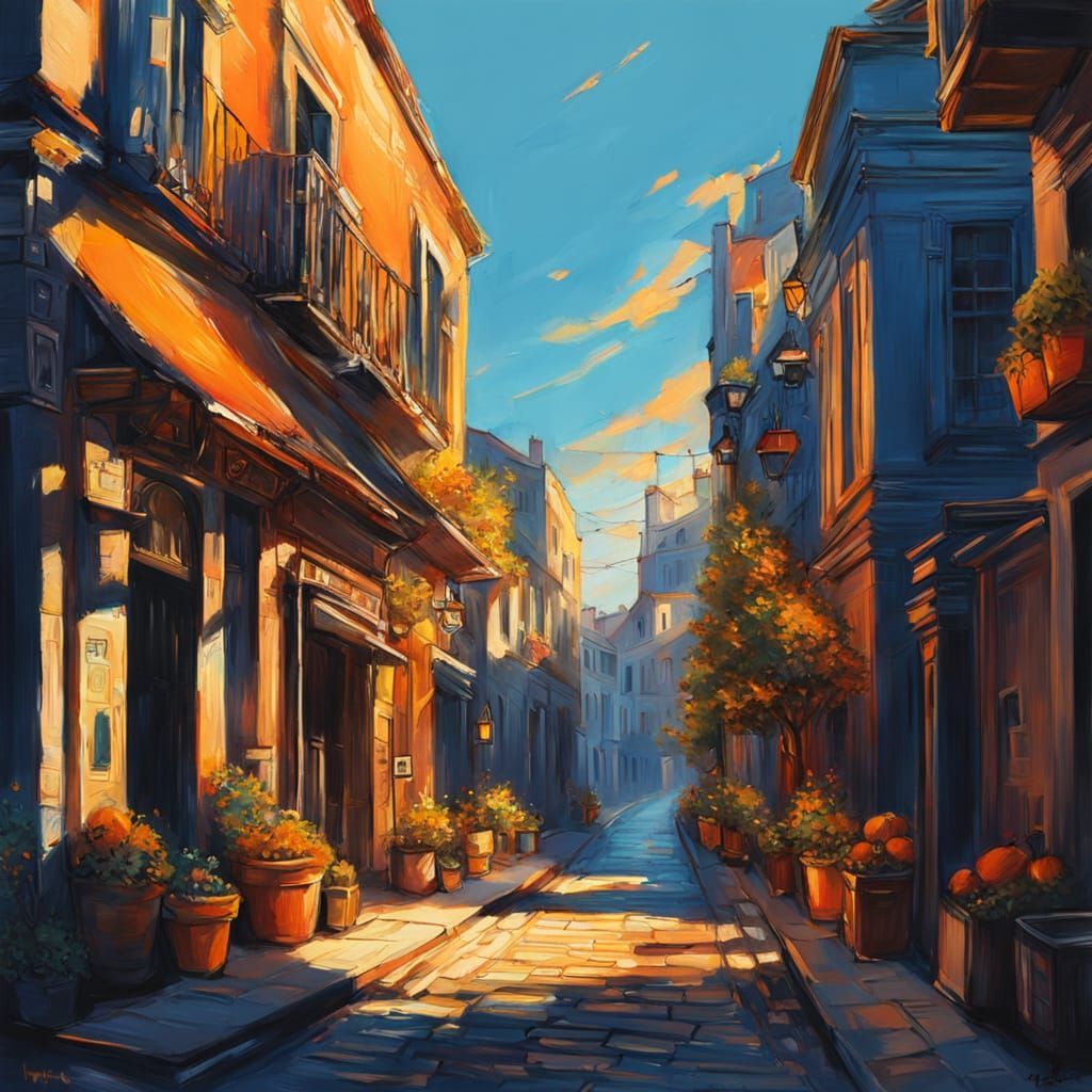 Sunny Street in Gouache Style with Impasto Brushstrokes
