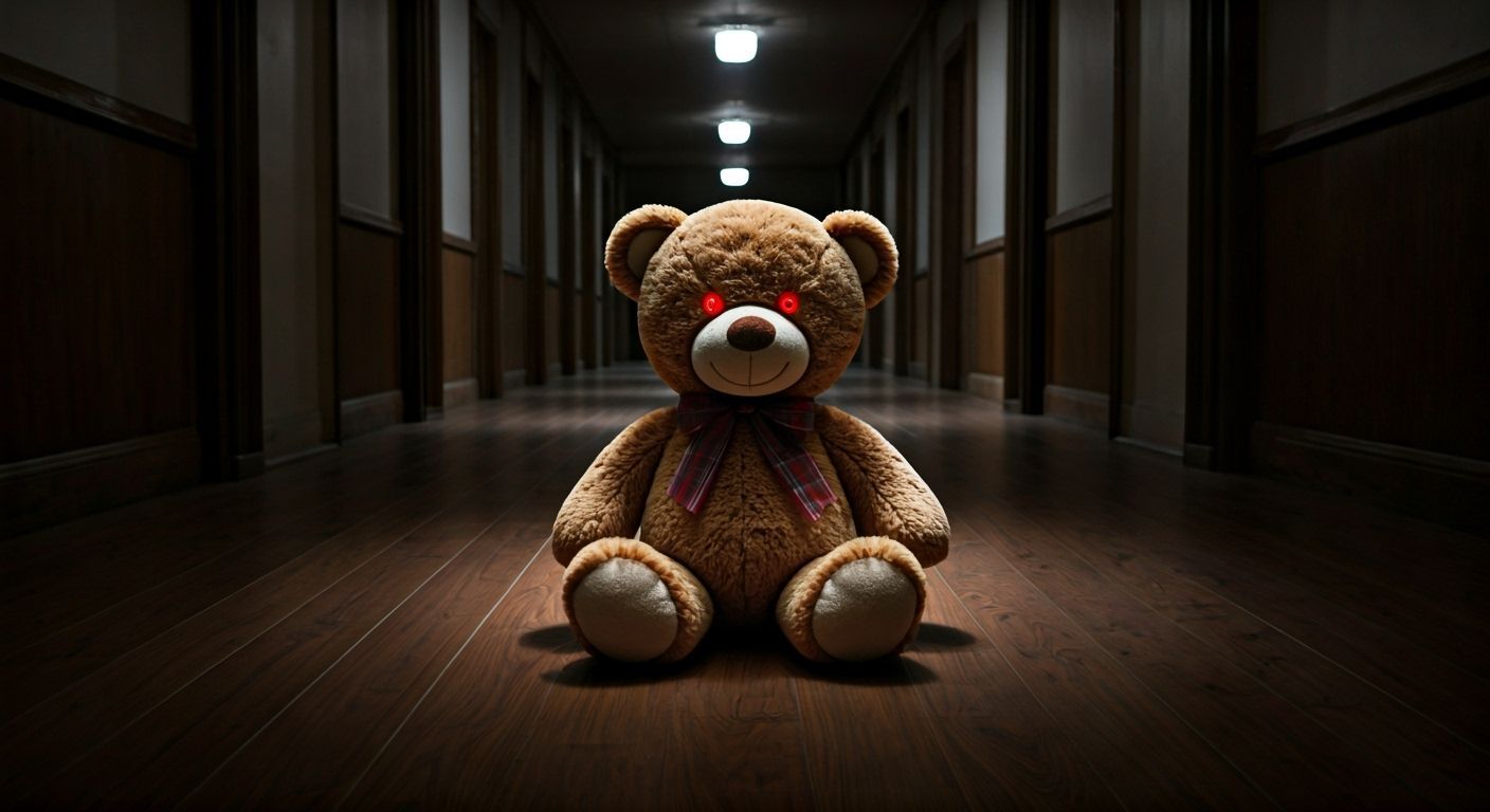 Evil Teddy Bear in Dark Hallway
