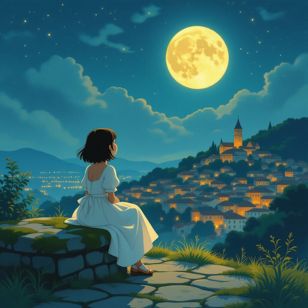 Girl Gazing at Moon Over Twinkling Town