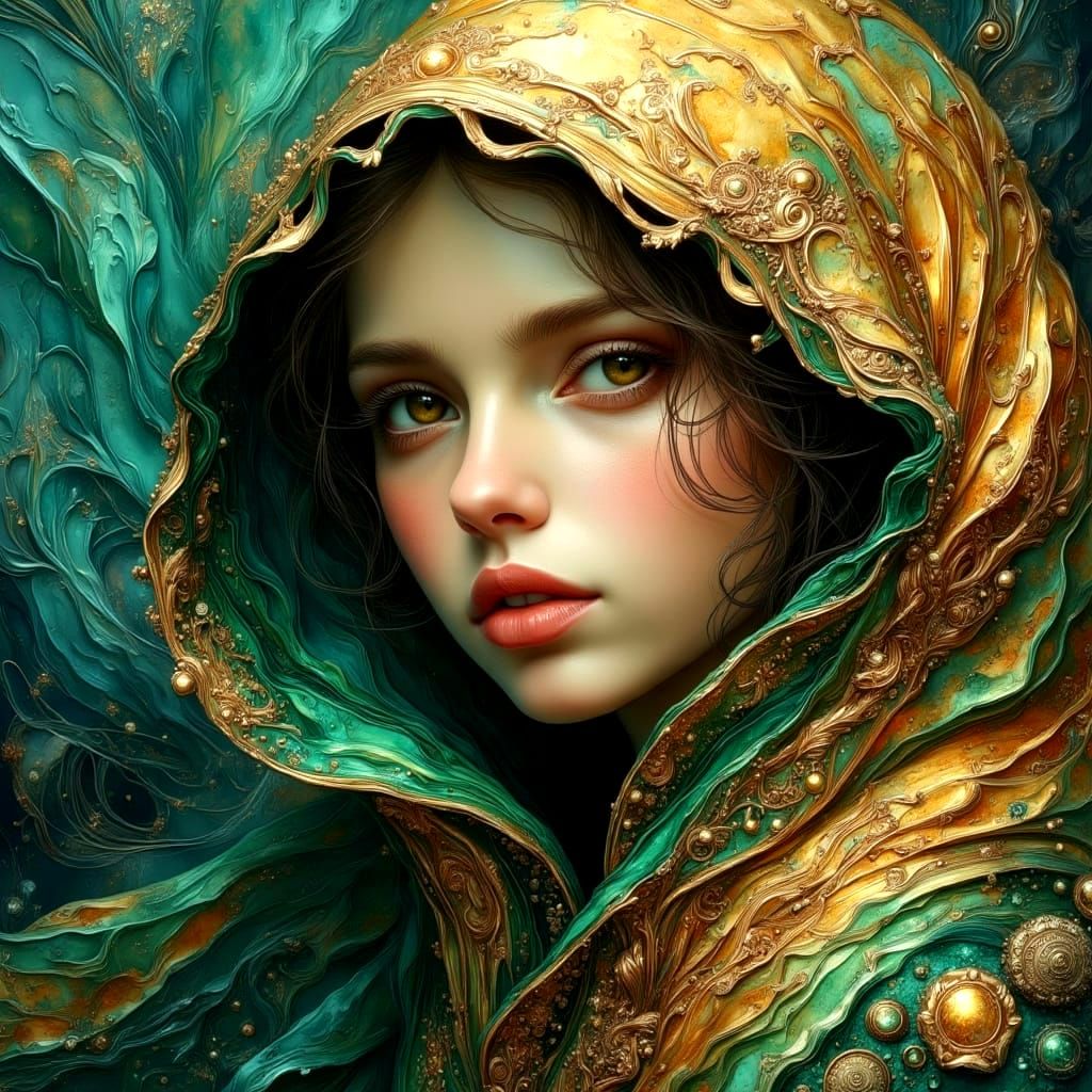 Girl in Cloak: Impasto Oil Painting with Gold Accents