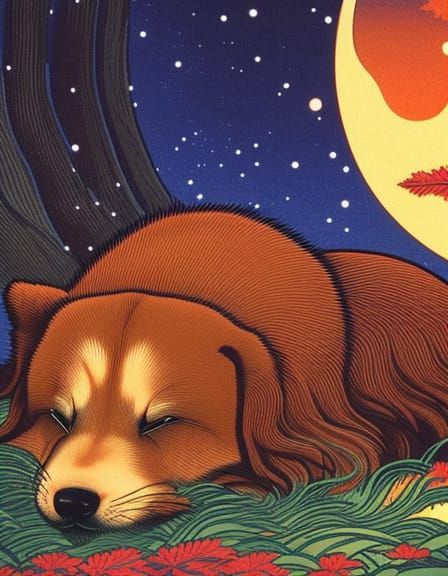 Dog Asleep in Woodland: Ukiyo-e Style Portrait
